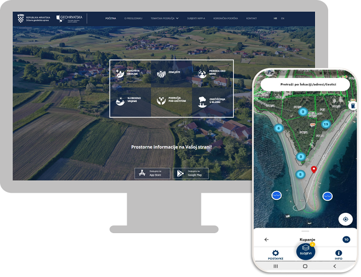 Slika prikazuje naslovnu stranu preglednika GeoHrvatske i mobilnu aplikaciju GeoHrvatska